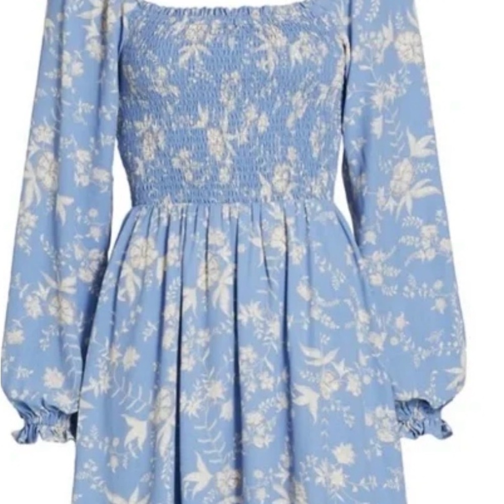 Wayf Blue Floral Smocked Puff Sleeve Dress